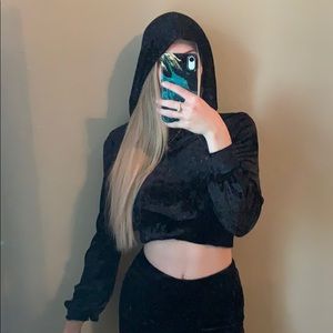 Black suede crop hoodie